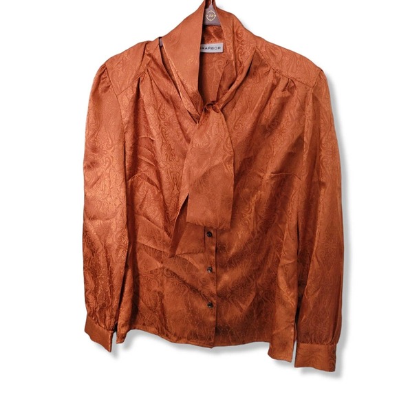 Vintage Tops - Sag Harbor Orange Satin Pussybow Tie Neck Puff sleeve Blouse S 60s 70s mod twee